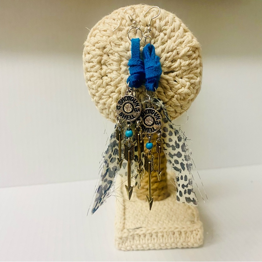 Boho Shotgun Shell Dangle Silver Toned Earrings with Blue Accents
